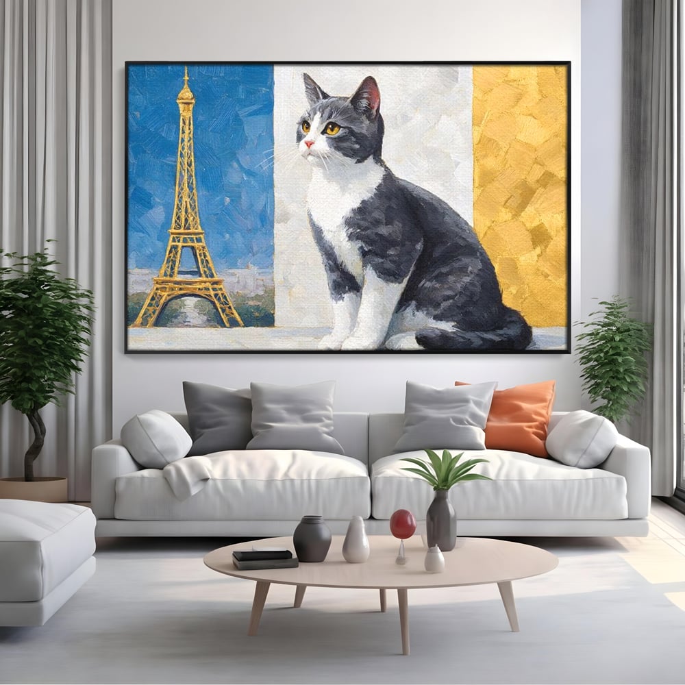 Tablou canvas cu tablou canvas cu pisica si turnul eiffel, in rama de aluminiu negru, pe perete intr-un living